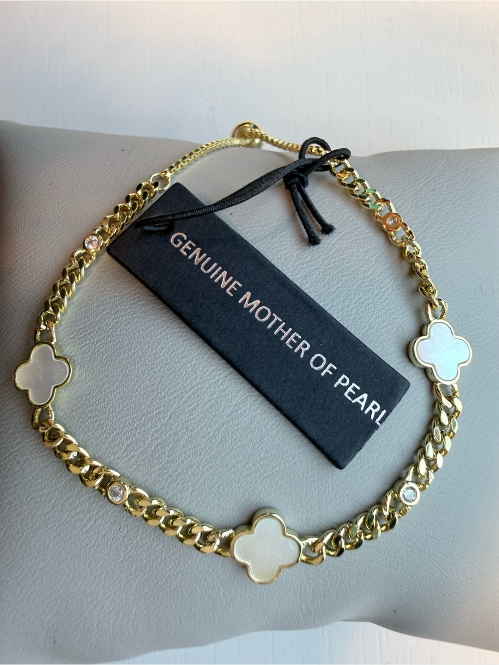 Gold Demi-Fine Mother of Pearl Clover Chain Bracelet